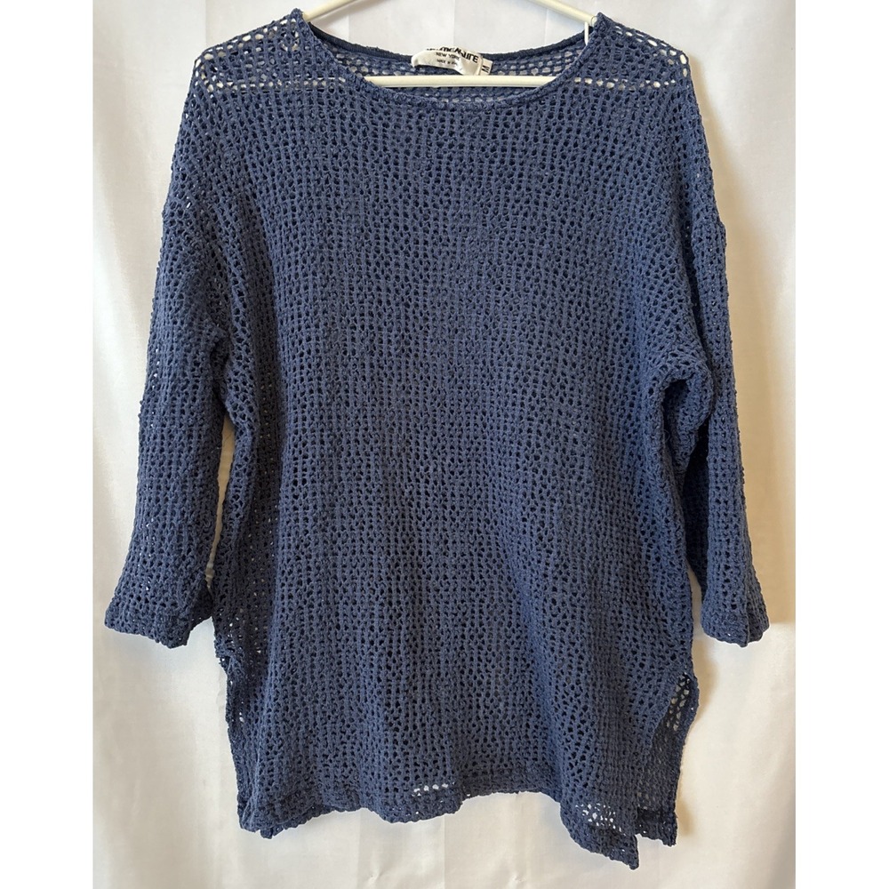 Women's Sweater M Blue Open Knit Crochet Tunic 3/4 Sleeve Boho By TapeMeasure